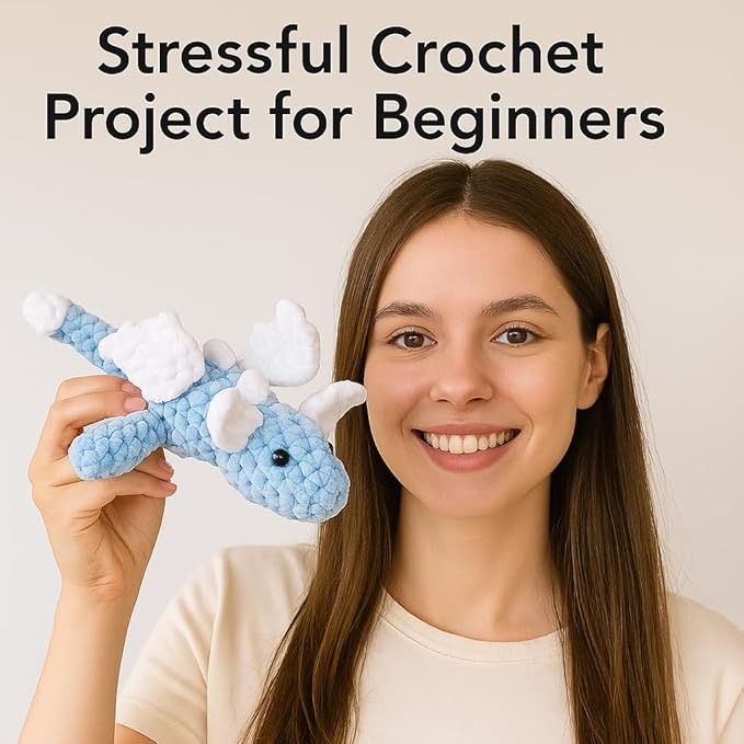 Cute Dragon Crochet Kit for Beginners, Learn to Crochet Starter Set with Step-by-Step Video Tutorial & Crocheting Manual, Easy Yarn Knitting Kit for Adult, Stuffed Animal Doll for Xmas Gift