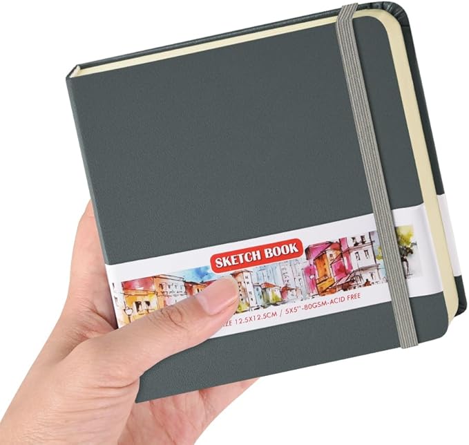 Square 5x5 inches 80gsm 96sheets/192 Pages Notebooks Blank Sketchbooks Travel Journal Pocket Hardcover Paint Writing Diary Memo Planner PU Leather Cover. Grey