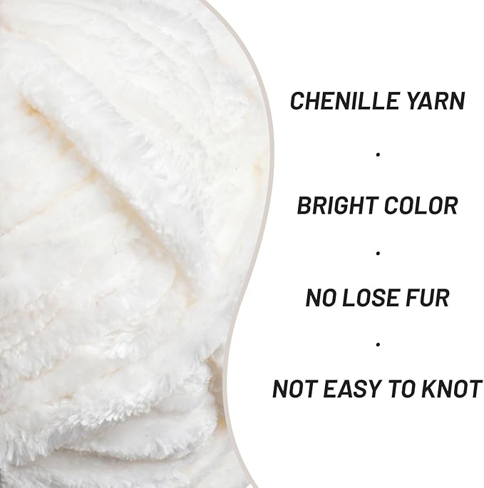Fuzzy Chunky Chenille Yarn for Crocheting，Soft Plush Yarns for Hand Knitting，Bulky 3x100g（3x49.2 yd） Baby Blanket Yarn for Crocheting Amigurumi，Crochet Fluffy Velvet Yarns (White)