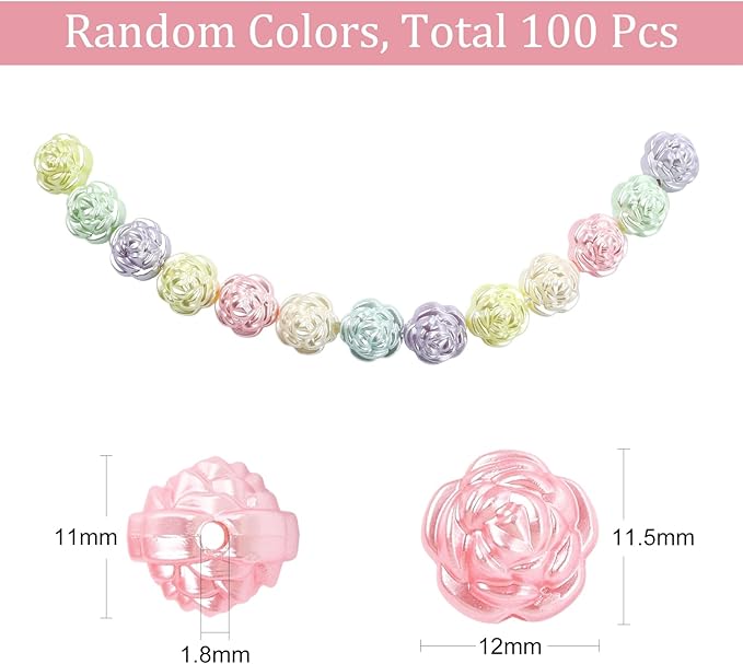Ipotkitt 100 Pcs Imitation Pearl Acrylic Rose Beads Random Color Spring Flower Beads Valentine Rose Spacer Loose Beads for DIY Jewelry Crafts Supplies Decoration