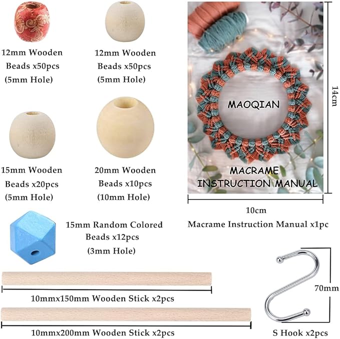 169pcs macrame kits for beginners 3mm x 220yards natural cotton macrame cord wall hanging kit, best macrame supplies for macrame plant hanger with wooden beads,wooden rings,wooden sticks,s hooks
