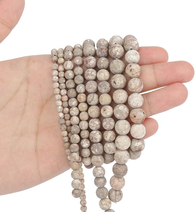 Stone Beads, 60pcs Matte Flowery Cowry Fossil, 6mm Round Loose Beads for Jewelry Making, Bracelets, with Bag, String & Card