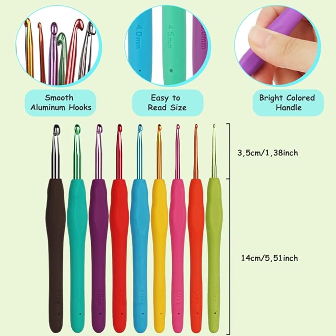 Aelike Ergonomic Soft Grip Crochet Hooks, Portable Travel Set with Accessories, Aluminum Needles 2mm-6mm