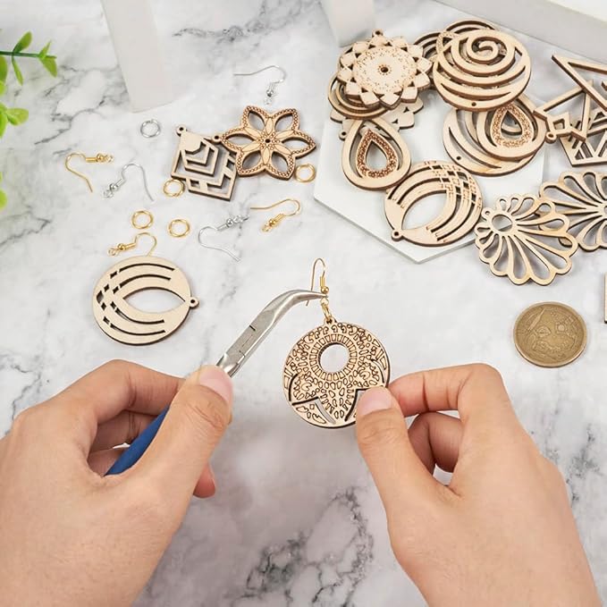 26pcs Wooden Earring Charms Unfinished Natural Wood Filigree Pendants in Teardrop & Kite & Flower & Rhombus & Triangle Shape with Earring Hooks & Jump Rings for Boho Earring DIY Jewelry Making