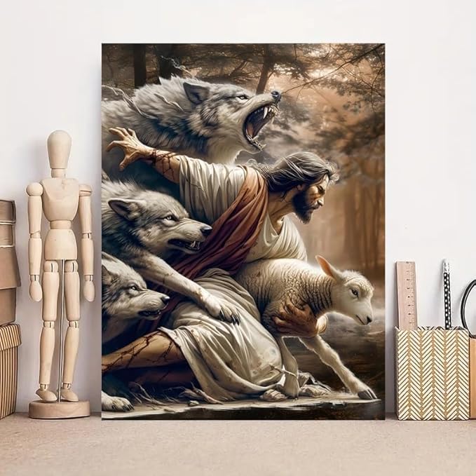 KYOQFVN Jesus and Wolf Paint by Numbers for Adults - DIY Adult Paint by Number Kit on Canvas, Easy Acrylic Painting Kits for Home Wall Decor 16x20 Inch（Without Frame）
