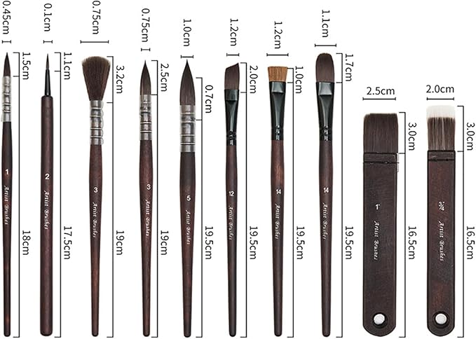 10 Pieces Artist Paint Brush Organic Synthetic Squirrel Horse Hair Set of 10 for Watercolor Acrylic Gouache Oil and Tempera Painting
