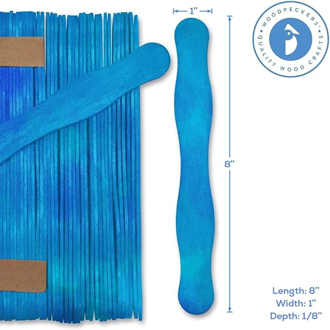 Wooden Blue 8" Fan Handles, Wedding Programs, Paint Mixing, Pack 50, Jumbo Craft Popsicle Sticks for Auction Bid Paddles, Wooden Wavy Flat Stems for Any DIY Crafting Supplies Kit, by Woodpeckers