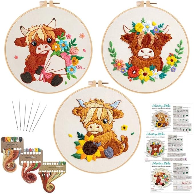 Nuberlic Highland Cow Embroidery Kit 3 Pack Embroidery Kits for Adults Beginners Starter Cross Stitch Kit Set with Floral Designs - Perfect DIY Gift