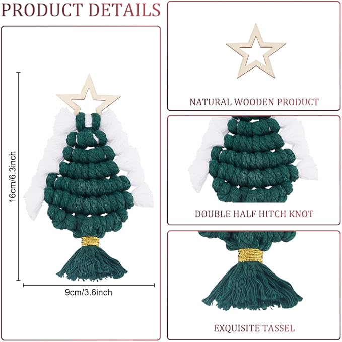 FREEBLOSS 6 Set Macrame Christmas Tree with Pentagram Chips Boho Decor Christmas Macrame Hanging Ornament Christmas Tree Ornaments Macrame Kit for Beginners