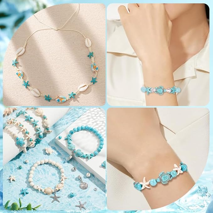 SUNNYCLUE 1 Box 210Pcs Starfish Bead Turtle Beads Lucky Turquoise Beads Bulk Summer Ocean Beads Sea Animal Charms Shell Beads Seashell Charms for Jewelry Making Beading Kits Women DIY Craft Supplies