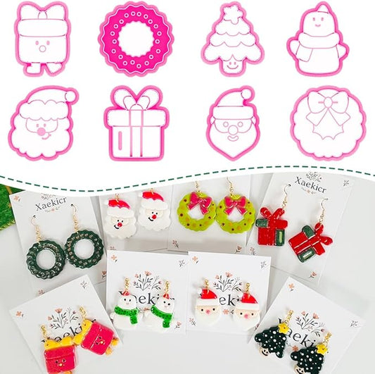 Xaekicr Christmas Polymer Clay Cutters Set – 8 Pcs Holiday Clay Earring Cutters for DIY Jewelry Making, Santa Tree Wreath Gifts – Clay Tools for Polymer Clay Molds Projects
