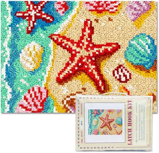 ORIGACH Beach Sea Shells Starfish Latch Hook Rug Kits, Color Stamped Grid Cloth Handmade Rug, Pattern Printed Carpet Kit, DIY Crochet Rug for Adults Home Decoration Festival Gifts 52 x 38 cm