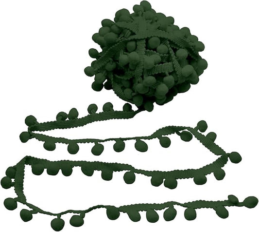 Homiest 10 Yards Pom Pom Trim for Sewing, 1 Inch Wide Army Green Ribbon Bundles Textured Fabric Fringe Ribbon, 13mm Ball Pompom Trim for DIY Crafts Curtain Clothes Pillow Home Decoration