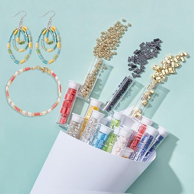 NBEADS 790 Pcs 3 Sizes 2-Hole Beads Set, 10 Colors 2-Hole Glass Seed Beads Spacer with 300Pcs Round Seed 5x5mm/5x2mm/5×1mm Mini Japanese Glass for Bracelet Necklace Earring Jewelry Making