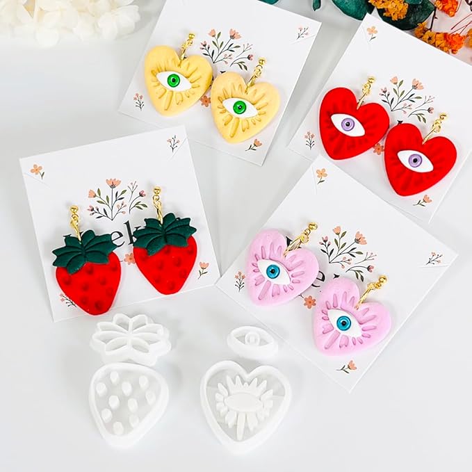 Xaekicr 4PCS Polymer Clay Cutters Set - Eye, Strawberry, Clover Heart Shape Clay Earring Cutters for DIY Jewelry Making, Clay Tools and Polymer Clay Molds