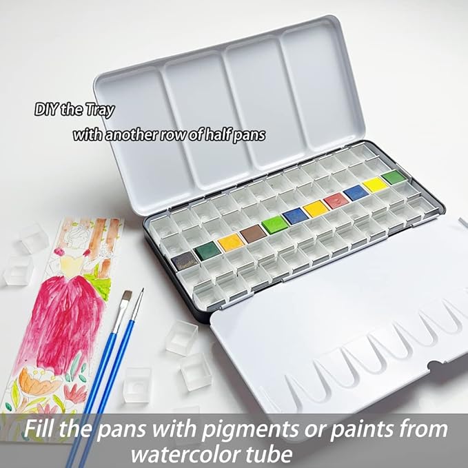 FCLUB Watercolor Palette, 48 Wells and 3 Mixing Areas - Empty Half Pans Watercolor Palette with Lid, Folding Paint Tray