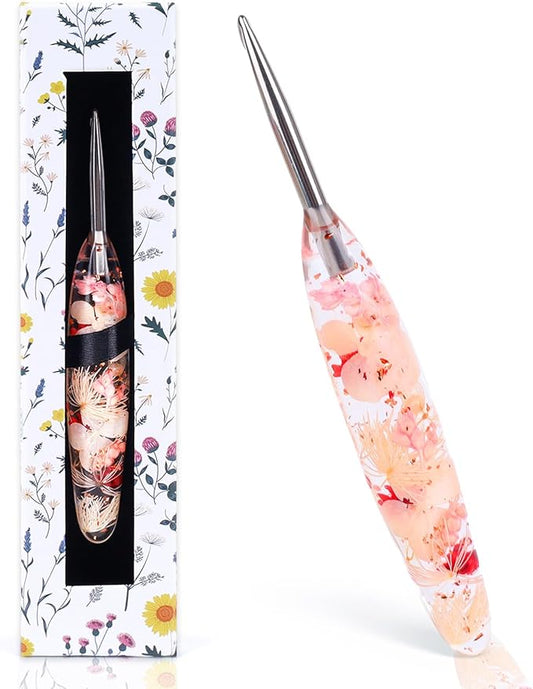 Reessy 5.0mm Crochet Hook with Floral Resin Handle – Ergonomic Grip & Hand-Polished Stainless Steel Tip – Smooth Glide Crochet Hook for Beginners, Arthritic Hands & Gifts (H-5.0mm)