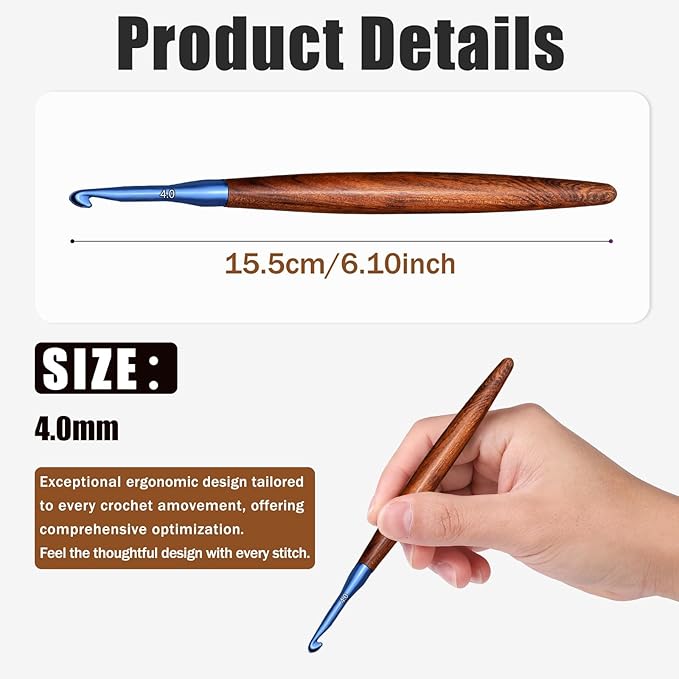 Giwrmu Crochet Hooks, 4mm Ergonomic Crochet Hook, Available in 3mm-7mm, Colored Aluminum Crochet Hook with Wooden Handle Crochet Needle for Crocheting Yarn