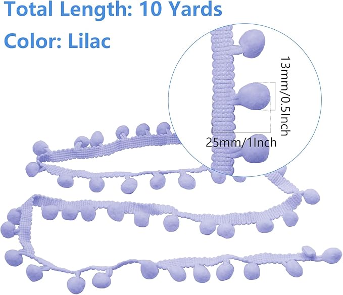 Homiest 10 Yards Pom Pom Trim for Sewing, 1 Inch Wide Lilac Ribbon Bundles Textured Fabric Fringe Ribbon, 13mm Ball Pompom Trim for DIY Crafts Curtain Clothes Pillow Home Decoration
