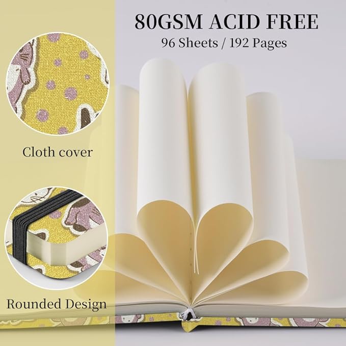 Square 4.8x4.8 inches 80gsm 96sheets/192 Pages Notebooks Blank Sketchbooks Travel Journal Pocket Hardcover Paint Writing Diary Memo Planner Cloth Cover. Yellow Cat