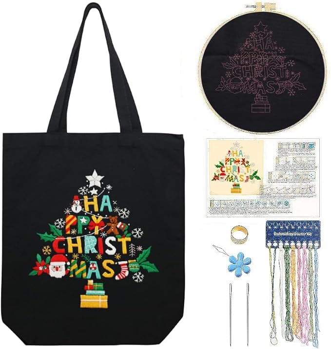 CREAWONDER Canvas Tote Bag Embroidery Kit with Pattern for Beginners, Arts and DIY Embroidery Crafts Kits for Adults, Include Instructions, Thimble, Embroidery Hoops, Color Threads and Tool