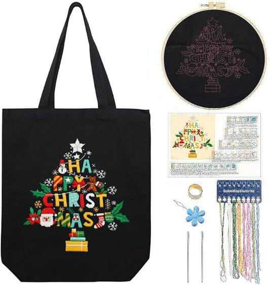 CREAWONDER Canvas Tote Bag Embroidery Kit with Pattern for Beginners, Arts and DIY Embroidery Crafts Kits for Adults, Include Instructions, Thimble, Embroidery Hoops, Color Threads and Tool