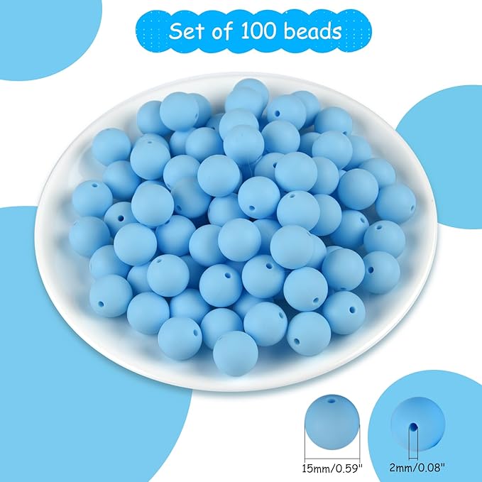 ASTARON 100 Pcs 15mm Silicone Beads for Keychain Making, Light Blue Round Rubber Beads Bulk for Bracelets Beadable Pens Decorations Crafts Supplies