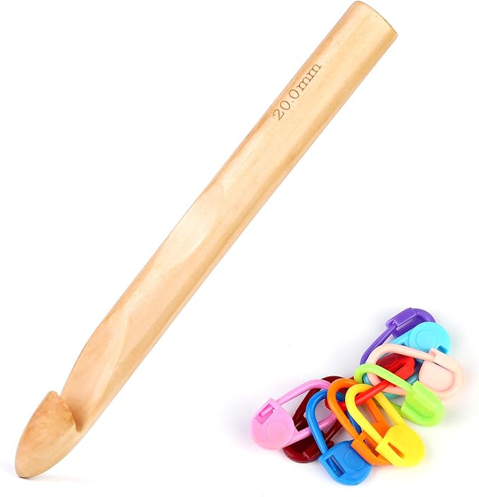 Wooden Crochet Hooks, 20mm Wooden Handle Crochet Hook Bamboo Knitting Crochet Needles with 10 pcs Knitting Stitch Markers for Handcraft Crocheting