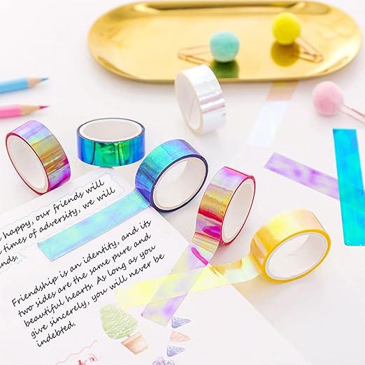 6 Rolls Holographic Tape 5m/196.8in Assorted Colored Tape Set Decorative Tape Prismatic Glitter Tape Hoops for DIY Arts Crafts Decoration Scrapbooking Gifts Wrapping (Multi)