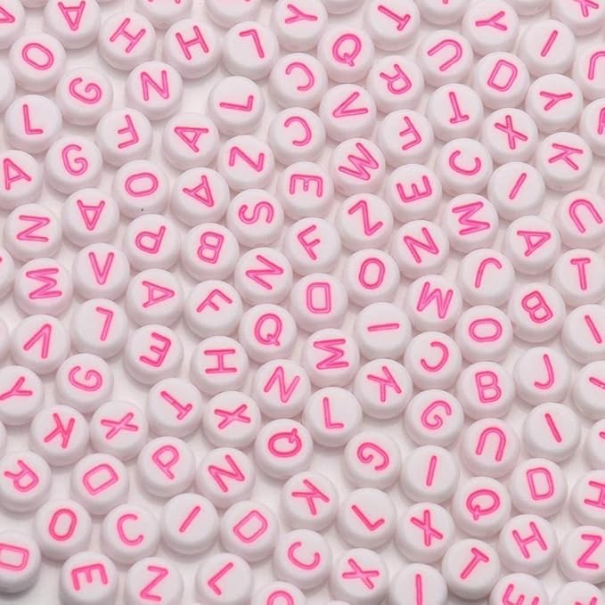 Xilitata Pink Letter Beads Alphabet Letters White Round Bead, 4x7mm 1200pcs, Pink Beads for Bracelets Friendship Bracelets Making Kit Beads with Box