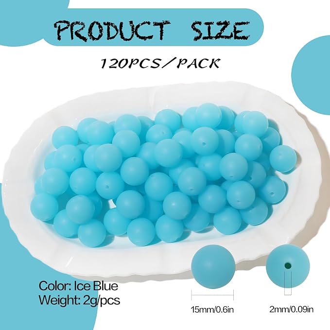 120pcs Richbunnys 15mm Bulk Silicone Beads for Pens and Keychain Making,Large Bead for Necklace and Bracelets Making,Assorted Rubber Beads Set（Ice Blue）