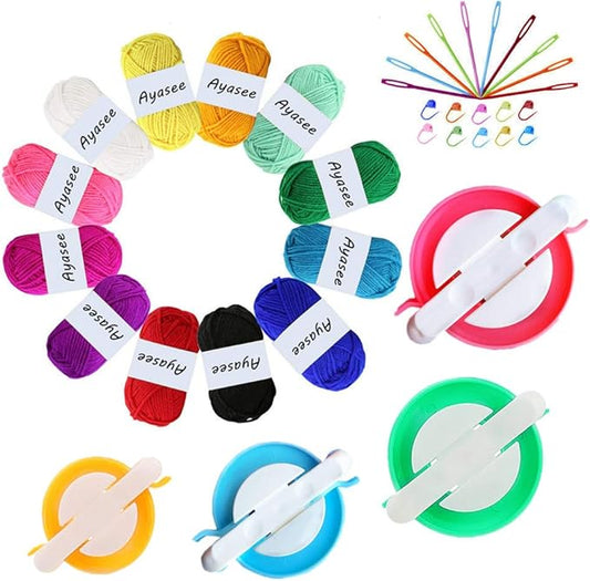 Pompom Maker Kits, Knitting Loom Kit Fluff Ball Weaver Needle Craft DIY Knitting Crochet Tool Kit, 4PS Pompom Maker+10PS Knitting Stitch Markers+10PS Plastic Needles+12PS Acrylic Yarn(36)