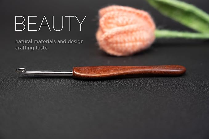 SEVENSUN Mimosa 5.5mm Single Crochet Hook, Available in 0.6mm-6.5mm, Ergonomic Hand Polished Stainless Steel Inline Pointy Wood Handle Crochet Hook for Arthritic Hands, Mother's Day Gifts for Mom
