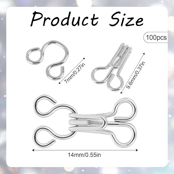 100 Pairs Sewing Hooks and Eyes Closure Metal Bra Hooks Replacement Silver Hook and Eye Closures for Clothing Sew On Snaps for Bra Clothing Skirts Replacement Sewing Crafting DIY Project (14mm)