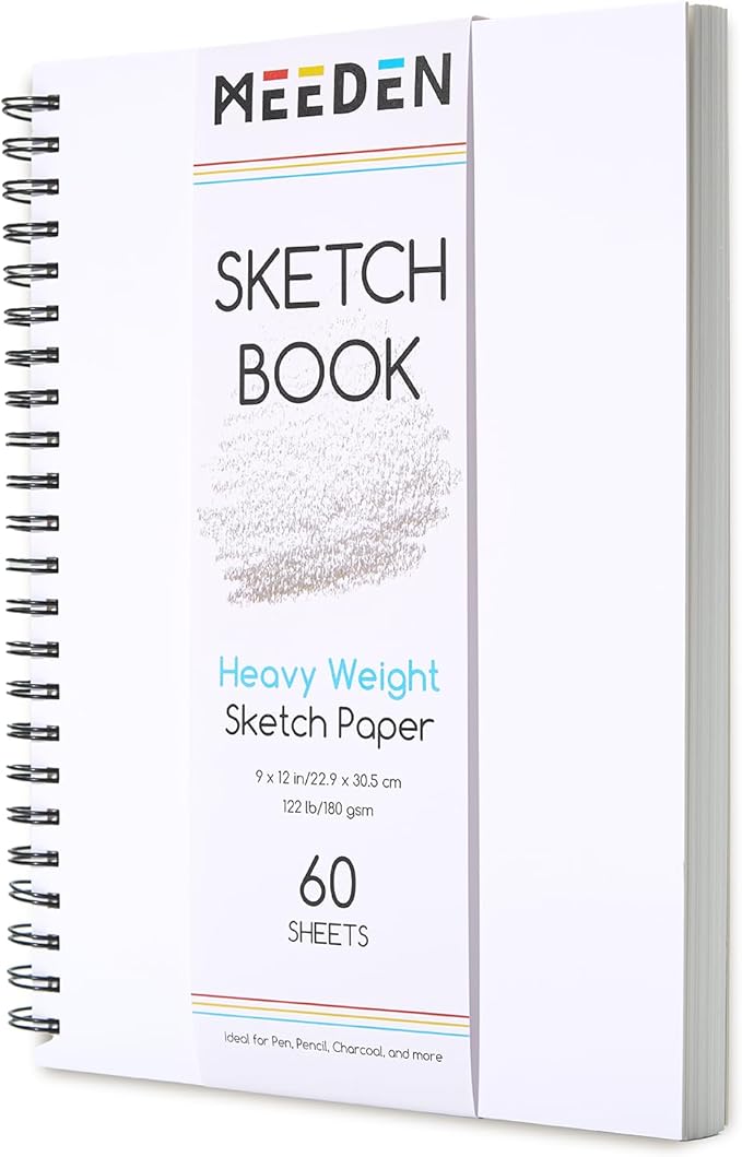 meeden 9"x12" sketchbook paper pad: 122lb/180gsm spiral bound art sketch book with diy cover for artists adults - 60 sheets heavy weight hardcover sketch drawing paper for painting sketching writing