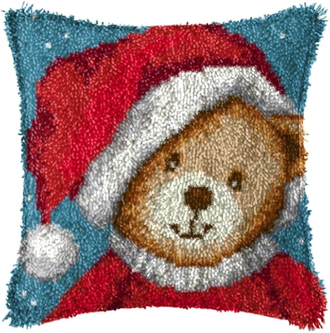 LAPATAIN Latch Hook Kits for DIY Throw Pillow Cover,Red Hat Bear Needlework Cushion Cover Hand Craft Crochet 17x17inch