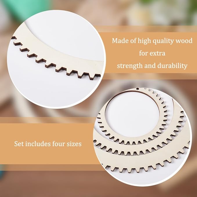 BENECREAT 3 Sizes Wooden Weaving Loom Kit, 5/7.8/11 inch Round Gear Shape DIY Weaving Loom for Hanging Decor Woven Tapestry Knitted Crafts Making, 5mm Thick