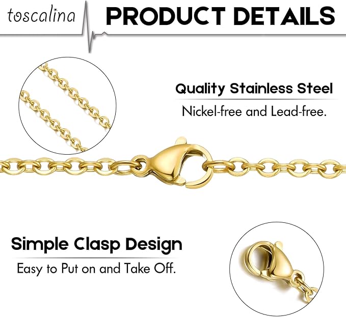 20 Pack Necklace Chains Gold Plated Stainless Steel Cable Chain Necklace Bulk for Jewelry Making, 18 Inches