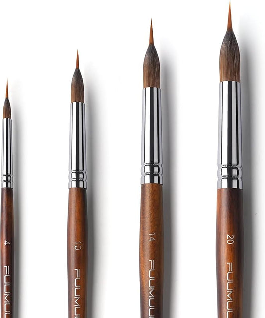 Watercolor Brushes Professional, Fuumuui 4Pcs Extended Needle Point Brushes Synthetic Extra Long Pinhead Brush with Sable Body for Fine Detailing - Watercolor Acrylic Gouache Inks Painting