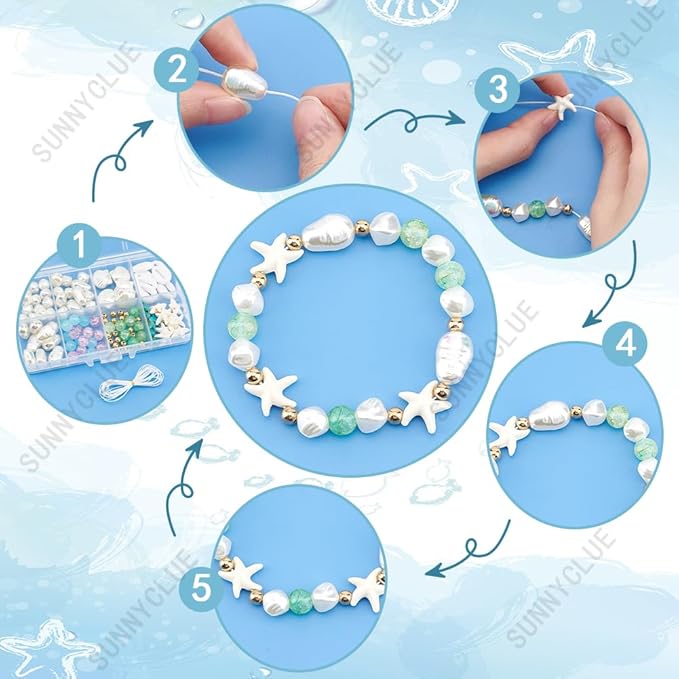 SUNNYCLUE 1 Box 6 Sets Summer Bracelet Making Kit Imitation Pearl Beads Sea Animal Starfish Beads Lucky Turquoise Hawaii Ocean Shell Spacers for Jewelry Making Kits Women Adults Supplies