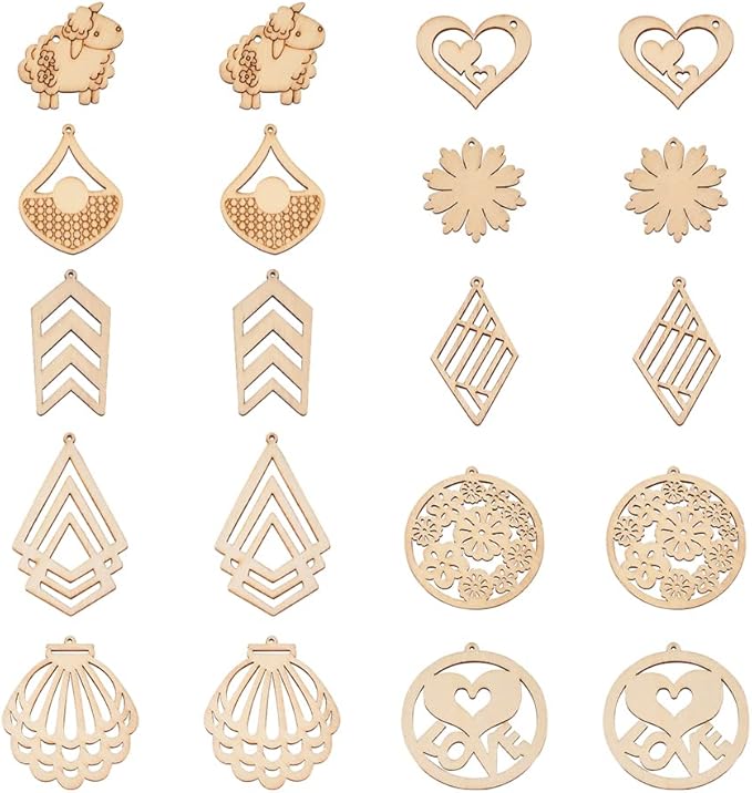 100pcs Natural Unfinished Hollow Wooden Pendants Filigree Blank Wood Cutouts Assorted Flower Leaf Wood Pieces for Earring Pendants Jewelry Crafts Making