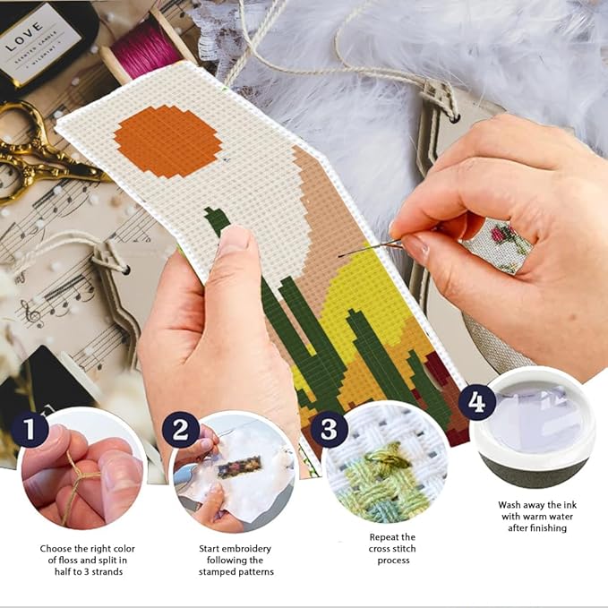 INFUNLY 6PCS Boho Cross Stitch Bookmark Kits 8''x2.4'' Landscape Bookmark Making Kit Moon Phases DIY Stamped Embroidery Bookmarks for Beginners with Instruction for Book Lovers Reader Writers Gift