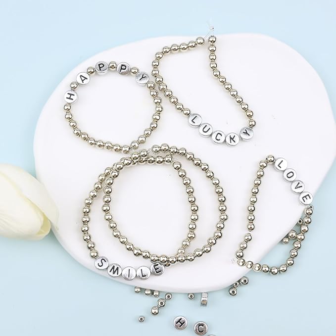 Hpebl 1320PCS Smooth Round Silver Beads for Bracelet Making Kits 4MM/6MM Jewelry Making Supplies Silver Letter Beads for Jewelry Making Kit with 2PCS Crystal String 1PCS Scissors for Adult