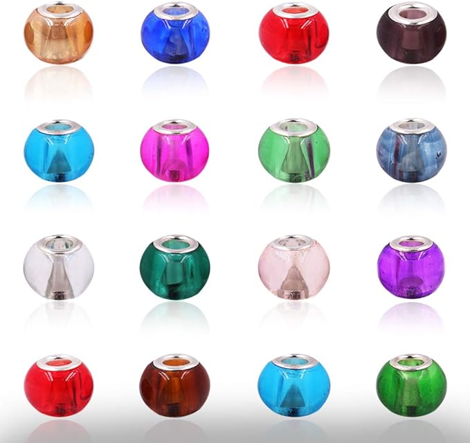 AIPRIDY 100Pcs 15x11mm Painting Murano Large Hole Glass Beads Mix Color with Silver Brass Cores European Charm fit Bracelet Necklace (10 Color Lampwork Beads)