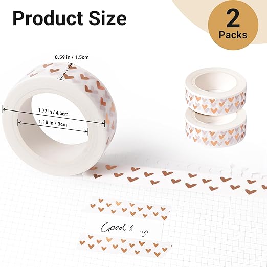 2Pack Heart Washi Tapes, Self-Adhesive Decorative Masking Tape, Decor Journals Scrapbooks Planners DIY Crafts Gift