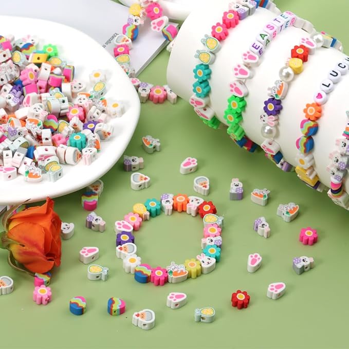 Easter Polymer Clay Bead for Bracelets, 300 Pieces Easter Beads Assorted Bunny Chick Egg Flower Shapes Beads Necklace Jewelry Making DIY Crafts