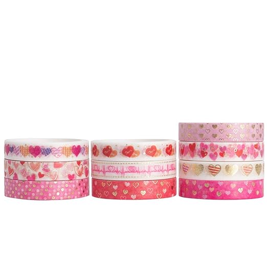 YUBBAEX 10 Rolls Sparkling Washi Tape Set 8mm Skinny Gold Foil Decorative Masking Washi Tapes for Journal,Scrapbook, Planner, DIY Crafts (Sweety Hearts)