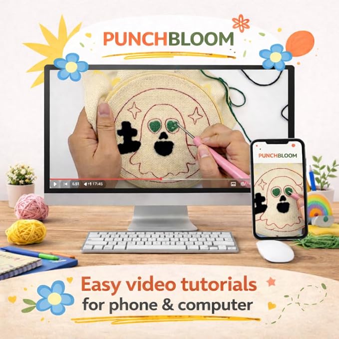 Halloween Punch Needl Kit for Adults Beginners, Easy Embroidery Punch Coaster Starter Set with Instruction – Fun Needle Point Craft for Table Decor & Festival DIY Gifts (6pcs Spooky)