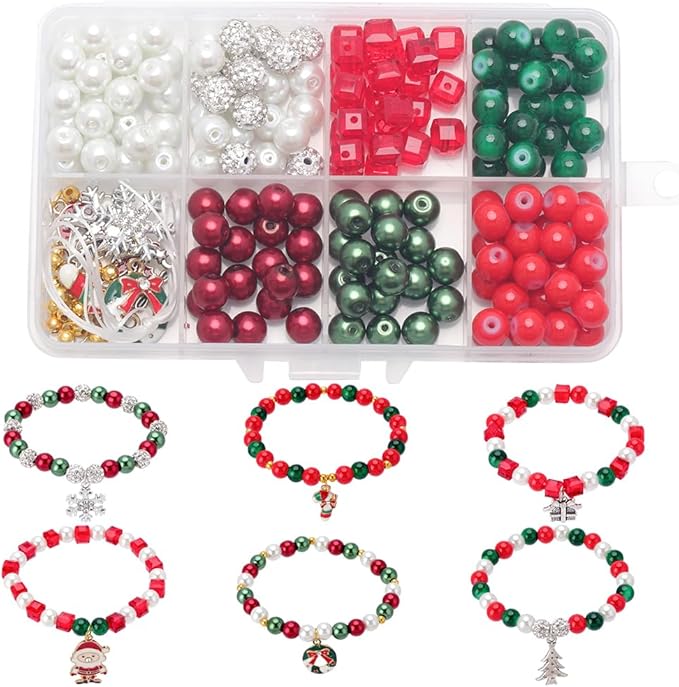 SUNNYCLUE 1 Box 218Pcs 6Sets Christmas Bracelet Making Kit Red Green Glass Beads Christmas Tree Enamel Charm Jingle Bell Snowflake Charms Rhinestone Bead for Jewelry Making Kits Beading Supplies