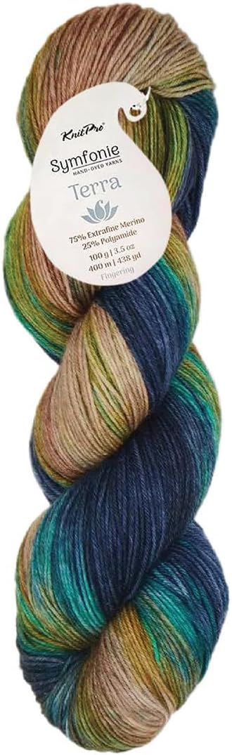 KnitPro Symfonie Fingering Weight Hand Dyed Variegated Yarn Skein | Extra Fine Merino Wool & Polyamide Blend for Knitting & Crocheting, Oeko-TEX Certified 400m, 100g | Terra Riverbank